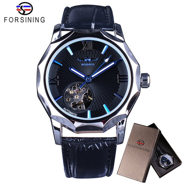 Winner Blue Ocean Geometry Design Transparent Skeleton Dial Mens Watch Top Brand Luxury Automatic Fashion Mechanical Watch Clock